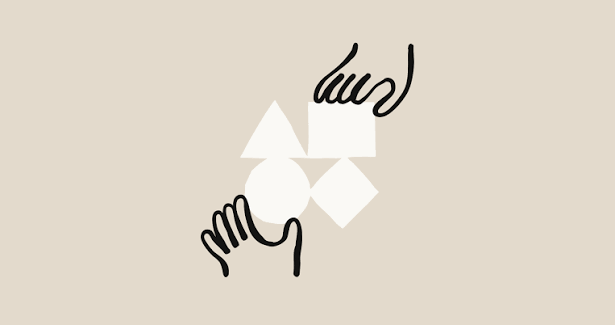 Three stylized black hands reach toward overlapping white shapes (triangle, square, diamond) on a beige background, suggesting collaboration.